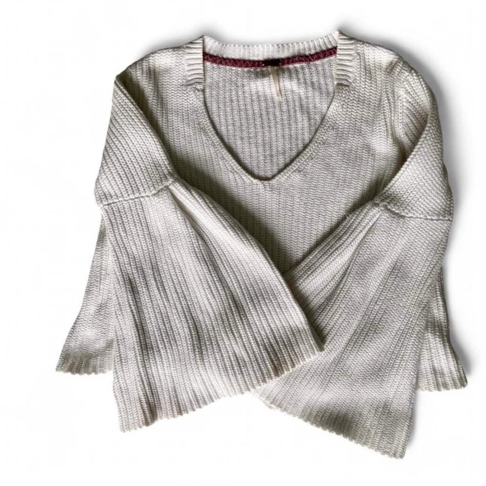 Free People White V-Neck Bell Sleeve Knit Sweater - Picture 3 of 6